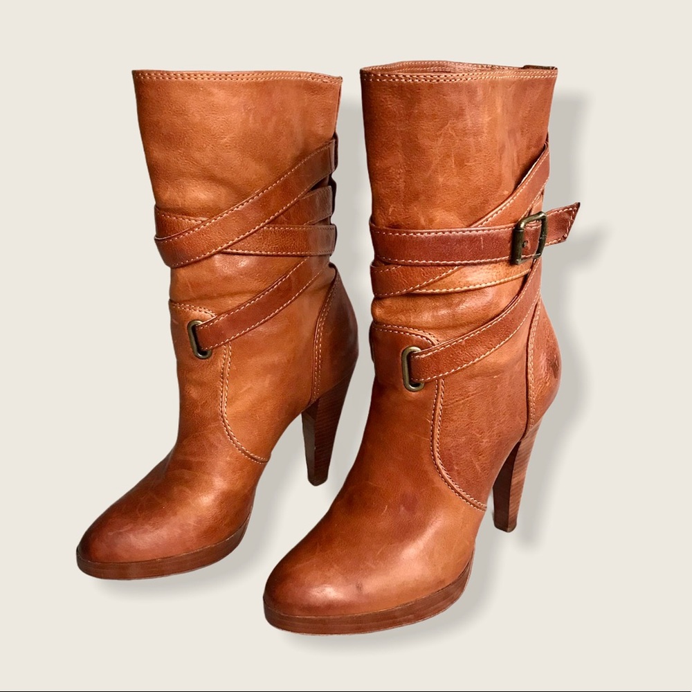 Frye Harlow Multi-Strap Cognac Cute Stiletto Boots - Picture 3 of 15